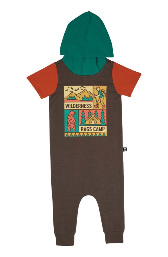 Rags ***BOUTIQUE EXCLUSIVE*** Short Sleeve Hooded Rag Romper in 'Wilderness Rags Camp' Major Brown