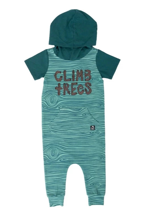 Rags ***BOUTIQUE EXCLUSIVE*** Short Sleeve Kangaroo Pocket Hooded Rag Romper 'Climb Trees' in Green
