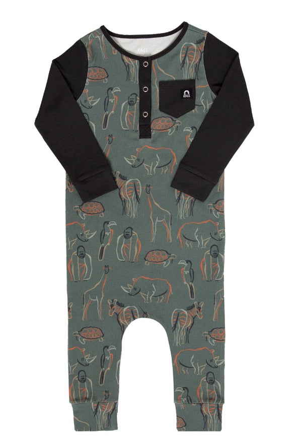 Rags ***BOUTIQUE EXCLUSIVE*** Long Sleeve Henley Pocket Rag Romper in 'Zoo Animals'