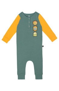 Rags ***BOUTIQUE EXCLUSIVE*** Long Sleeve Henley Rag Romper in 'Positive Patches' Sagebrush