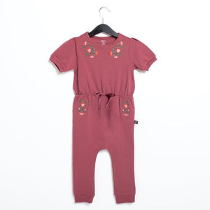Rags Puff Sleeve Gather Waist Rag Romper Flower Embroidery in Roan Rouge